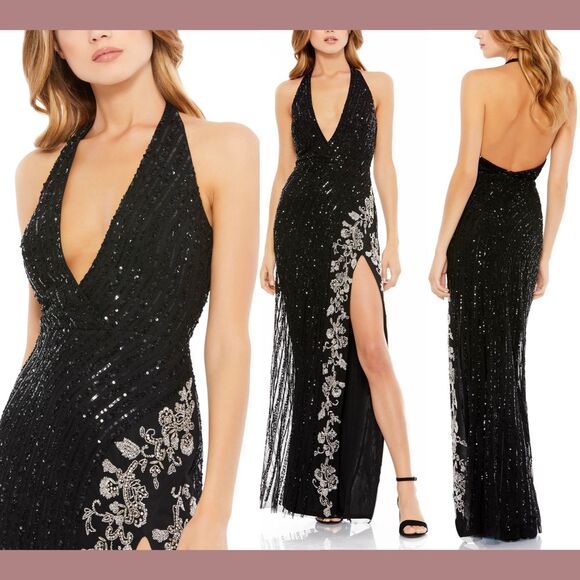 NWT Mac Duggal [ 4 ] Sequined Halter Strap Open Back Embellished Slit Gown S1016 - Picture 1 of 16